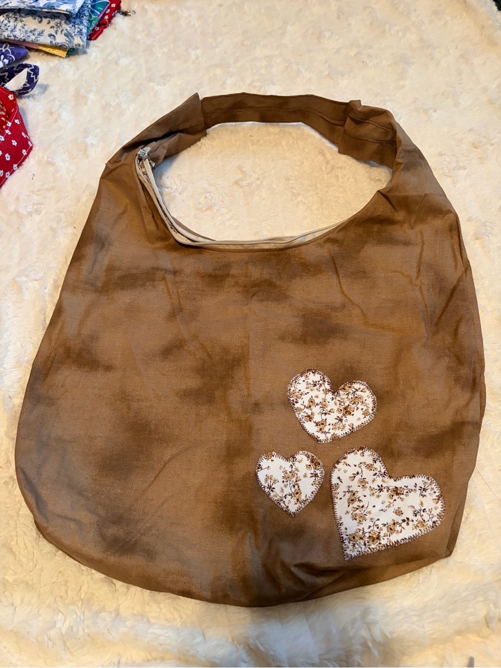 Handmade Quilted Hobo Tote Bag Floral Heart Appliqué